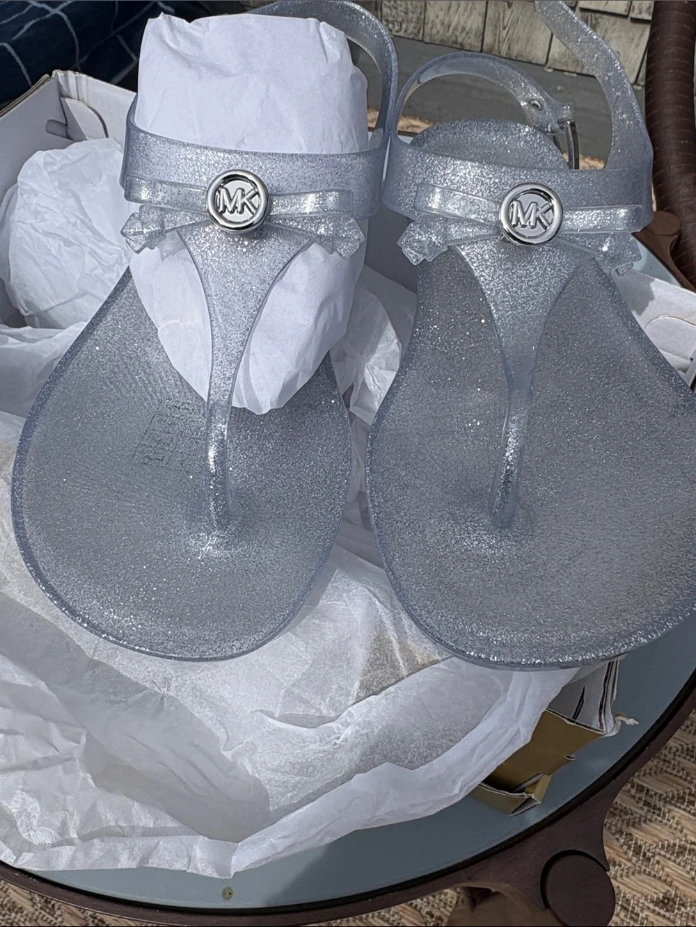 Michael Kors Silver Glitter Jelly Thong Sandals with MK Logo